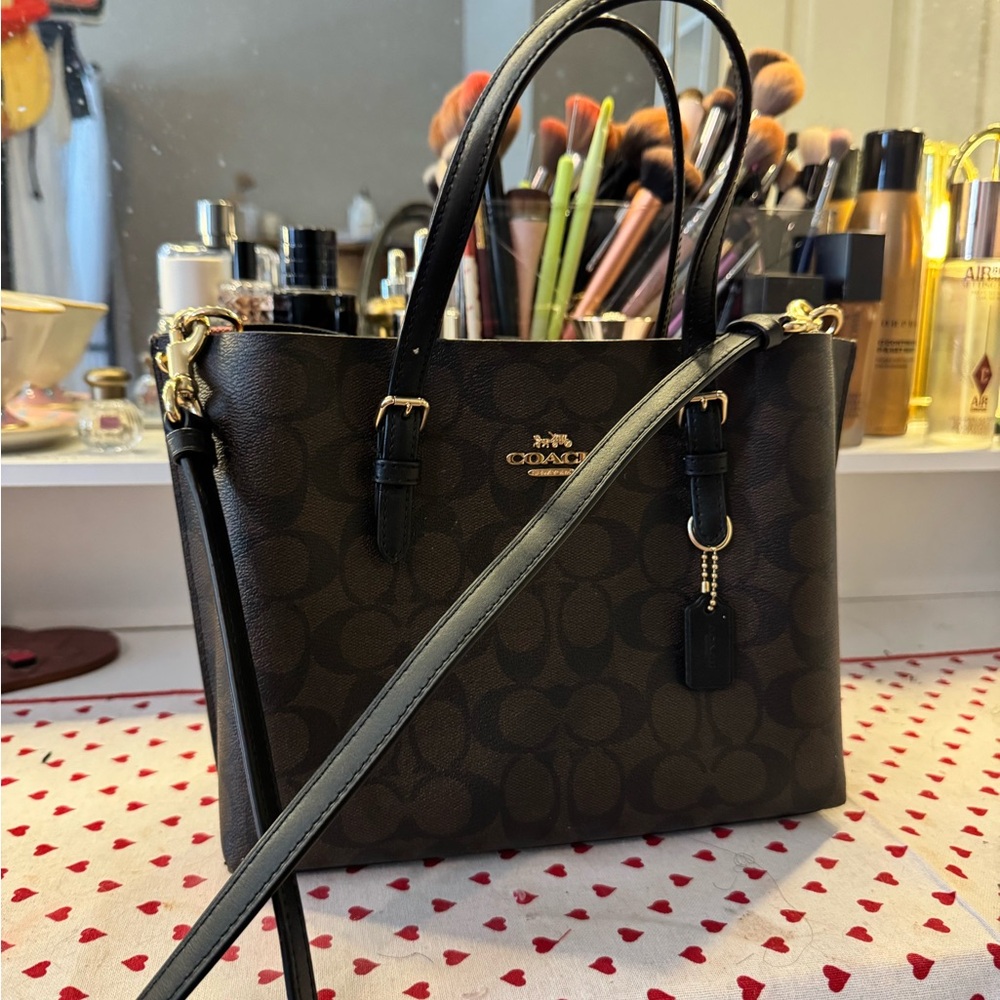 Coach Brown and Black Shoulder Bag with Signature Monogram